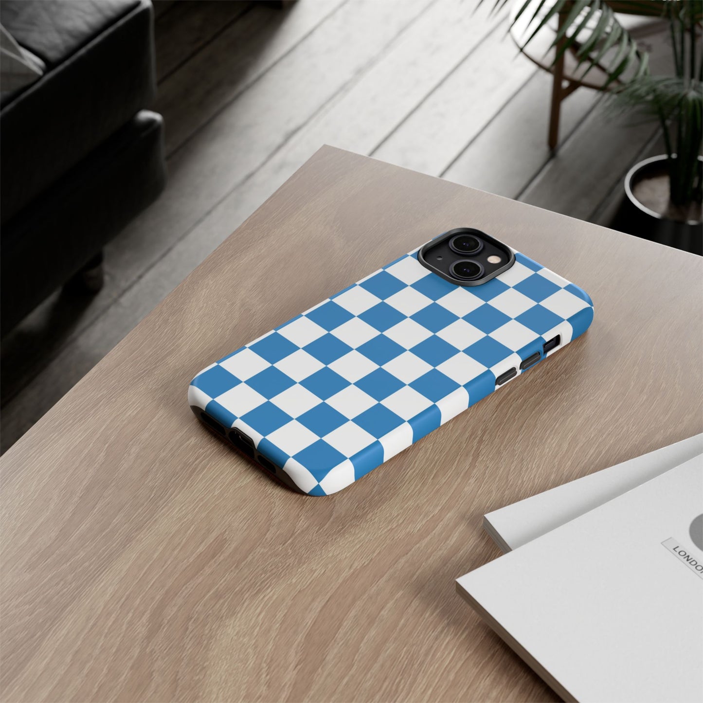 Checkered Phone Case, iPhone 17 Pro, 17, 16, 15, 14, 13, 12, 11, X, XR, XS MAX, Smartphone Cover, Blue and White Mobile Protector