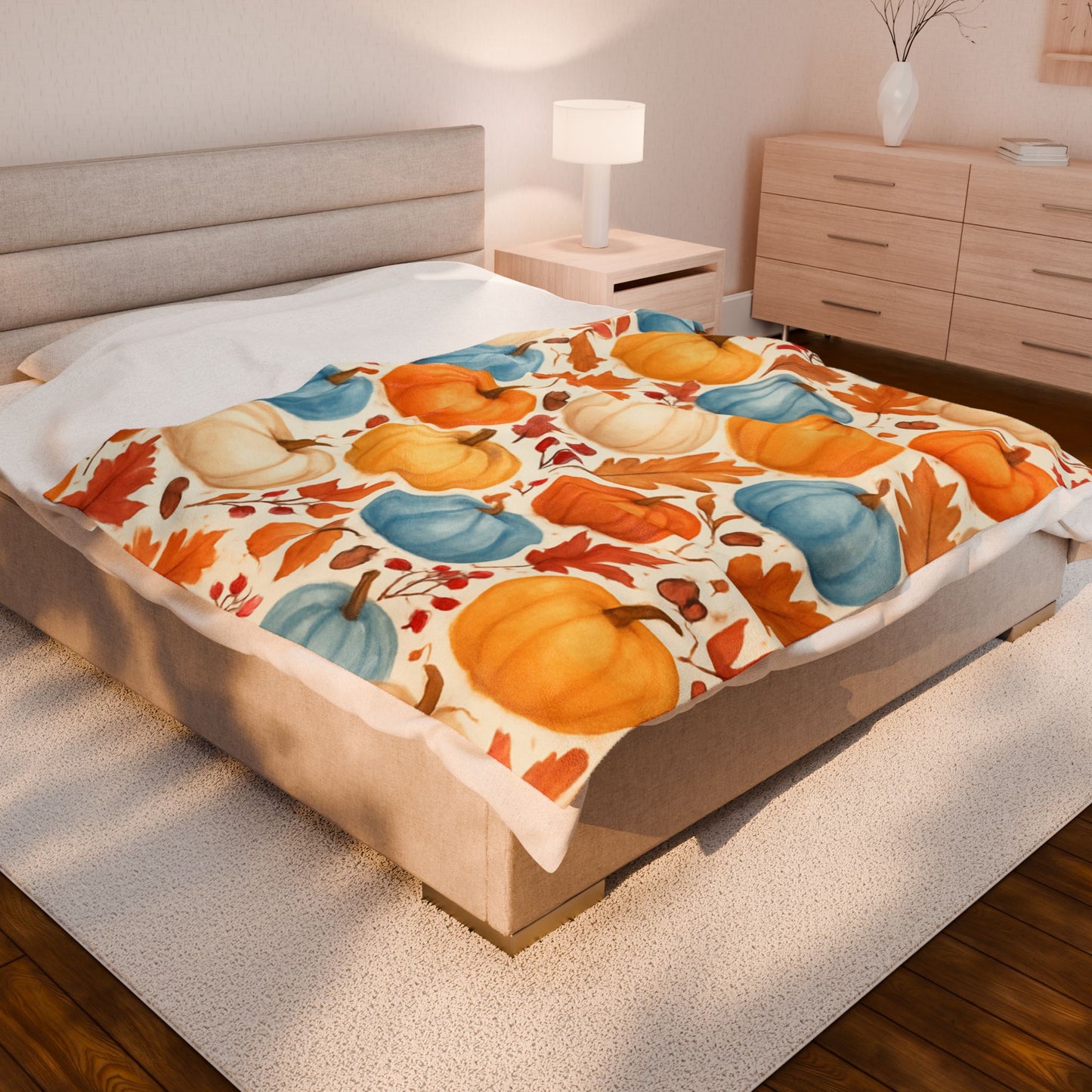 Fall Pumpkins Blanket, Autumn Orange White Blue Pumpkins Leaves and Berries Fleece Blanket for Living Room Couch Bed Chair
