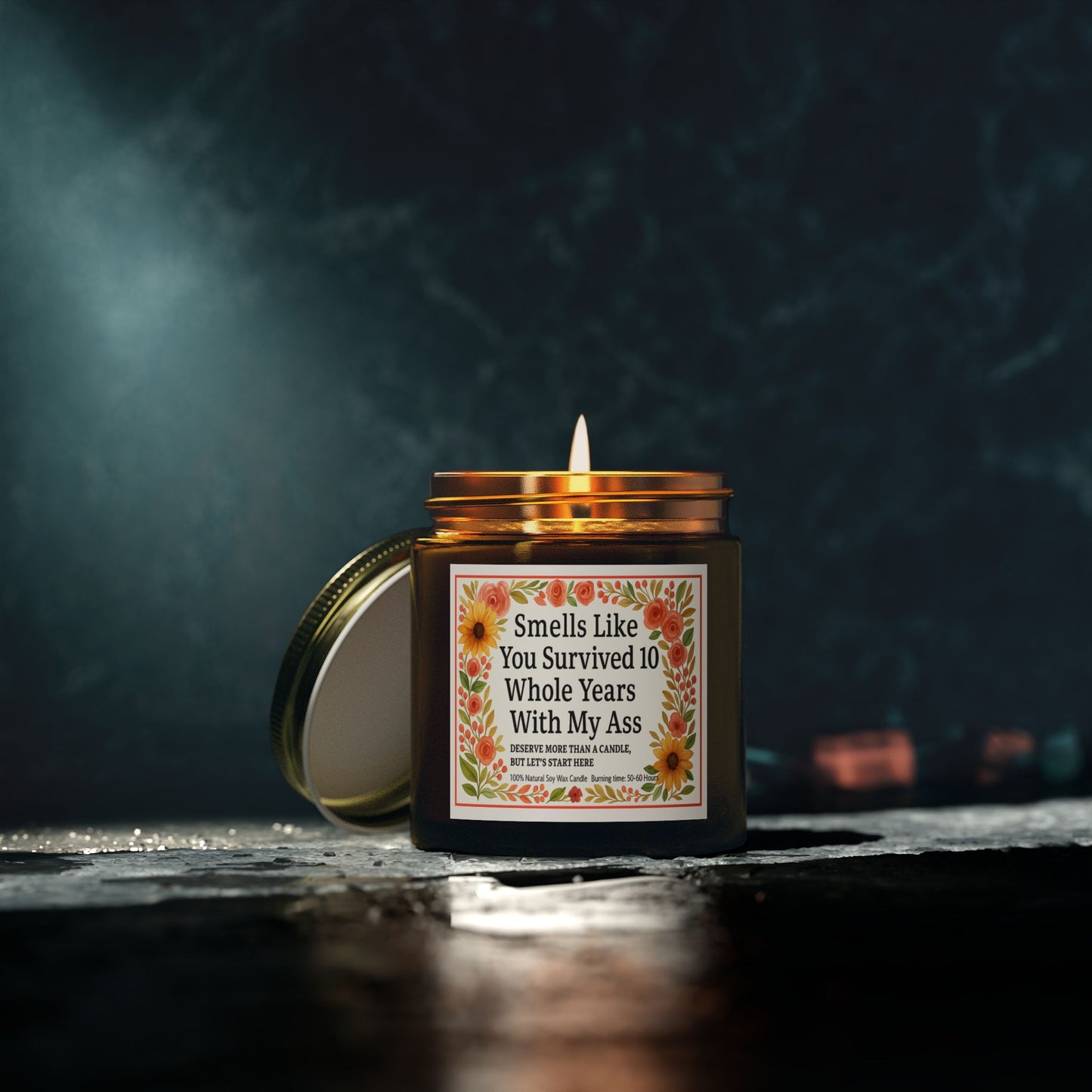 Scented Candles, Funny Gift For Partner, Smells Like You Survived 10 Whole Years, Coconut Apricot Wax Candle, Anniversary Gift, Birthday