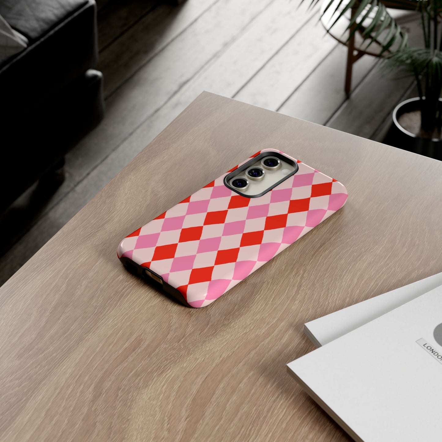 Tough Cases with Red Pink Diamonds, Retro Checkerboard iPhone Case And Samsung Case, Slim Fit Phone Case, Stylish Gift