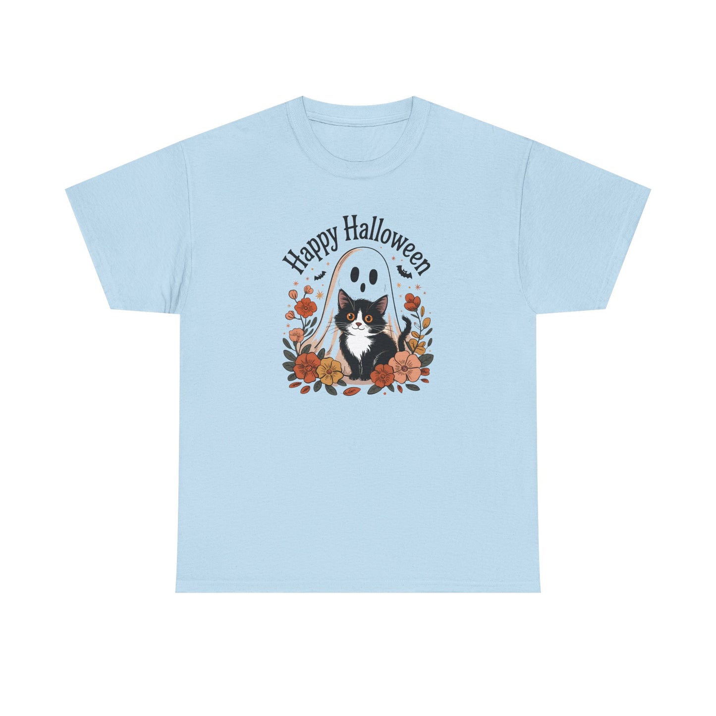 Halloween Cat & Ghost Tee, Heavy Cotton Shirt, Spooky Season Apparel, Autumn Gift, Fall Festival Outfit, Haunted House Wear