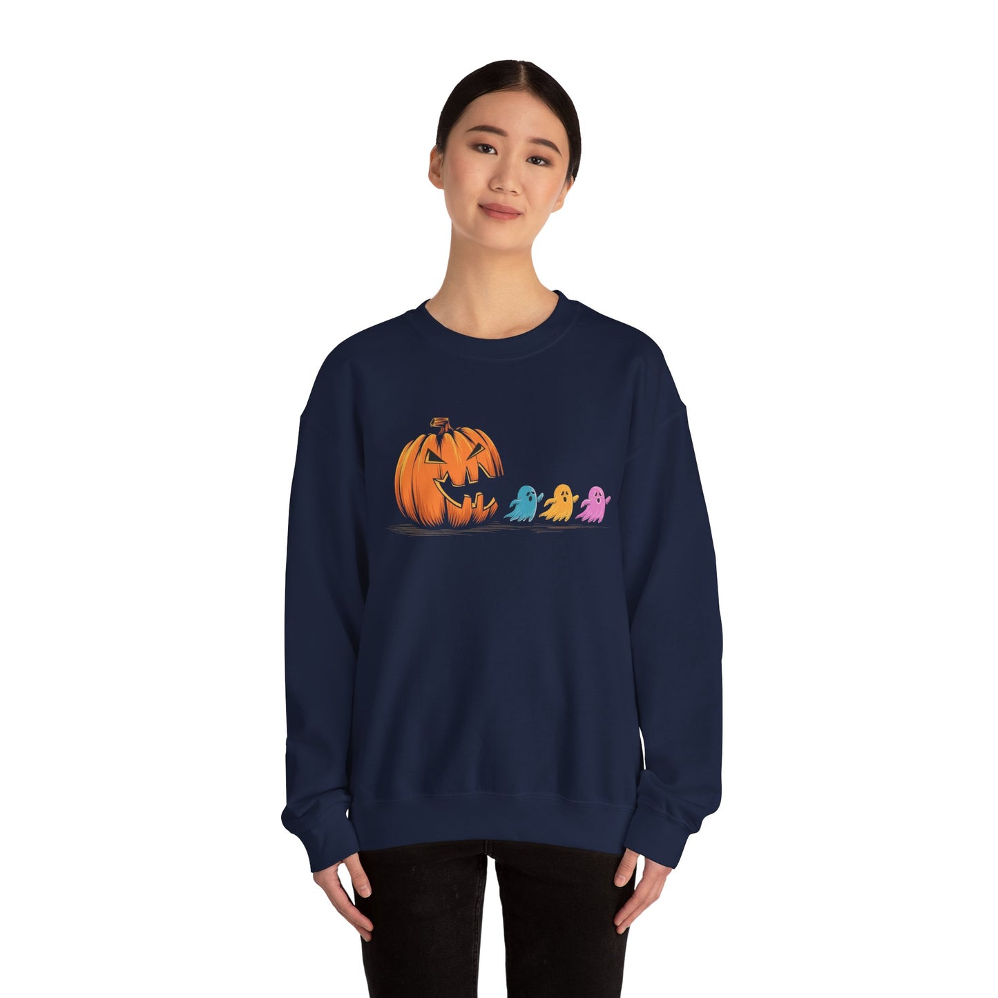 Halloween Ghost & Pumpkin Crewneck Sweatshirt, Unisex Fall Apparel, Cozy Sweatshirt, Halloween Gift, Seasonal Fashion