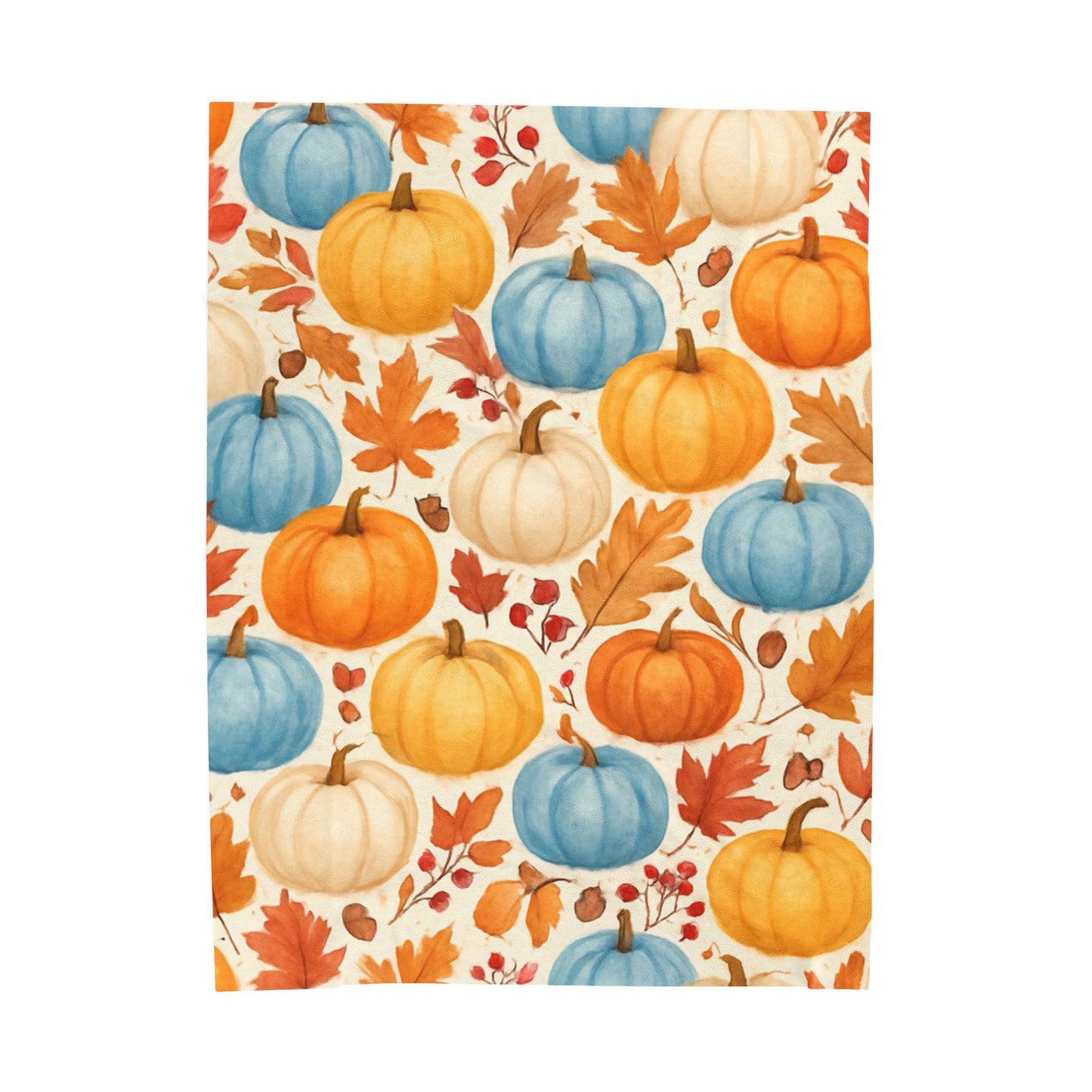 Fall Pumpkins Blanket, Autumn Orange White Blue Pumpkins Leaves and Berries Fleece Blanket for Living Room Couch Bed Chair
