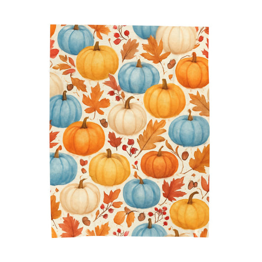 Fall Pumpkins Blanket, Autumn Orange White Blue Pumpkins Leaves and Berries Fleece Blanket for Living Room Couch Bed Chair