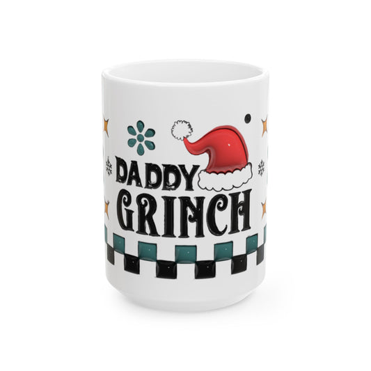 Daddy Grinch Mug, Funny Christmas Coffee Cup, Santa Hat Grinch Mug for Dad, Checker Retro Holiday Mug, Xmas Gift for Him Husband