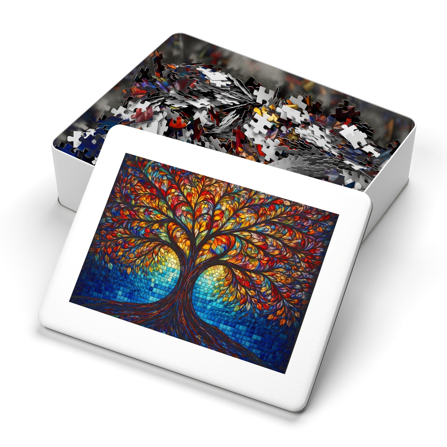 Tree of Life Jigsaw Puzzle, Colorful Stained Glass Mosaic Puzzle with Tin, Adult Puzzle Gift, Art Jigsaw