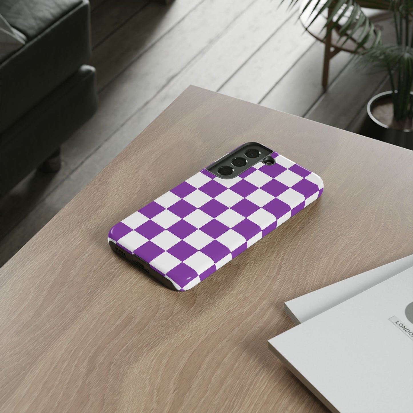Purple Checkered Phone Case, Samsung Galaxy S25, S25 Plus, S24, S24 Plus, S24 Ultra, S23, S22, S22 Plus, S21 Ultra, S21 FE, S20+