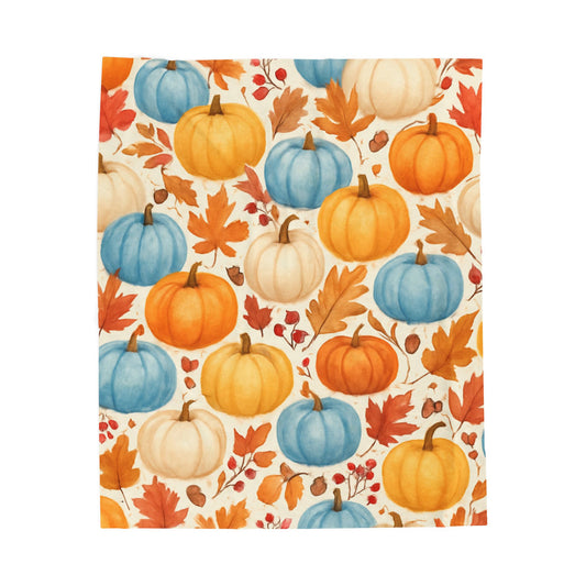 Fall Pumpkins Blanket, Autumn Orange White Blue Pumpkins Leaves and Berries Fleece Blanket for Living Room Couch Bed Chair