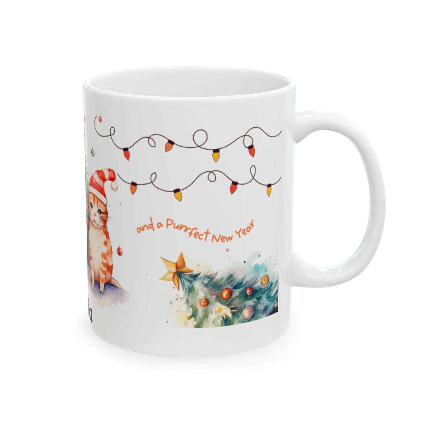 Personalized Christmas Cat Ceramic Mug, Custom Pet Lover Gift, Holiday Coffee Cup, Cute Feline Decor, Family Gift, Winter Celebration