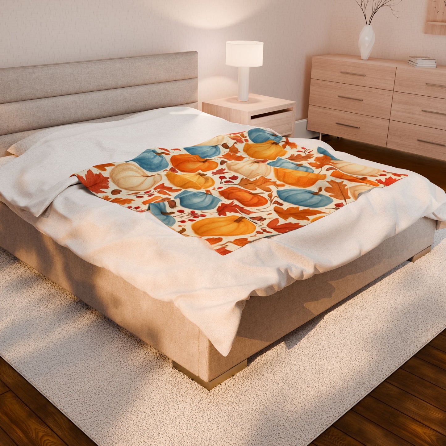 Fall Pumpkins Blanket, Autumn Orange White Blue Pumpkins Leaves and Berries Fleece Blanket for Living Room Couch Bed Chair