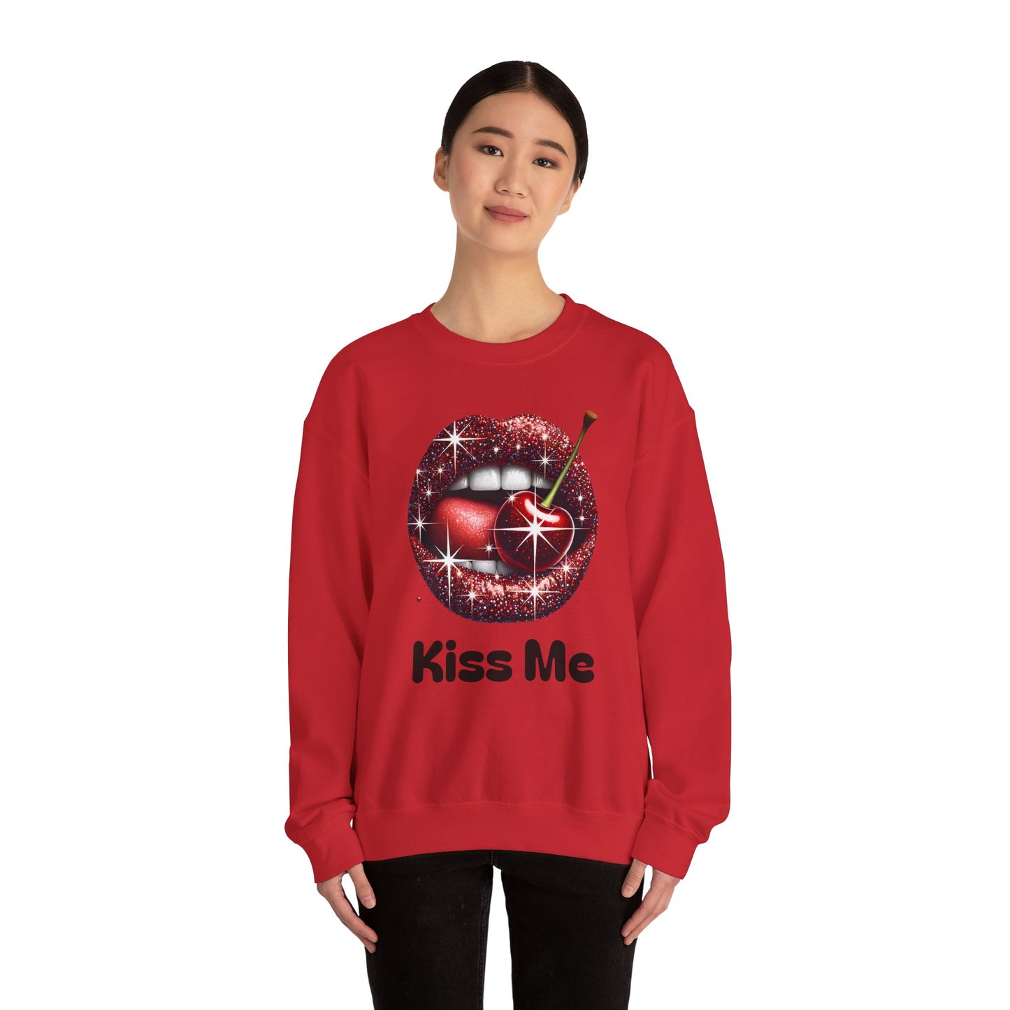 Cherry Kiss Me Sweatshirt, Glitter Lips Cherry Graphic Crewneck, Retro Pop Art Sweatshirt, Cute Flirty Pullover, Unisex Cozy Top