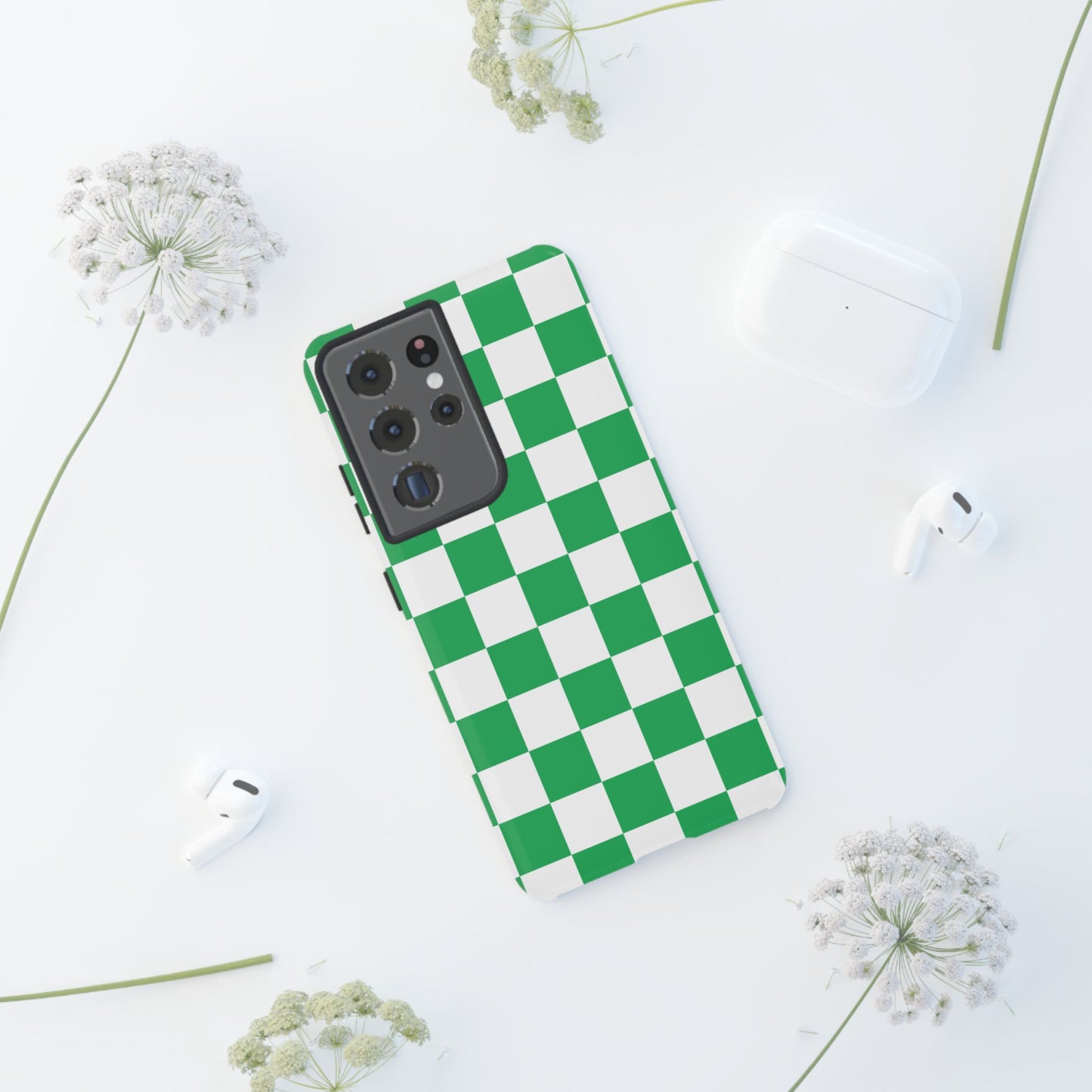 Green Checkered Phone Case, Phone Cases Samsung Galaxy S25, S25 Plus, S24, S24 Plus, S24 Ultra, S23, S22, S22 Plus, S21 Ultra, S21 FE, S20+