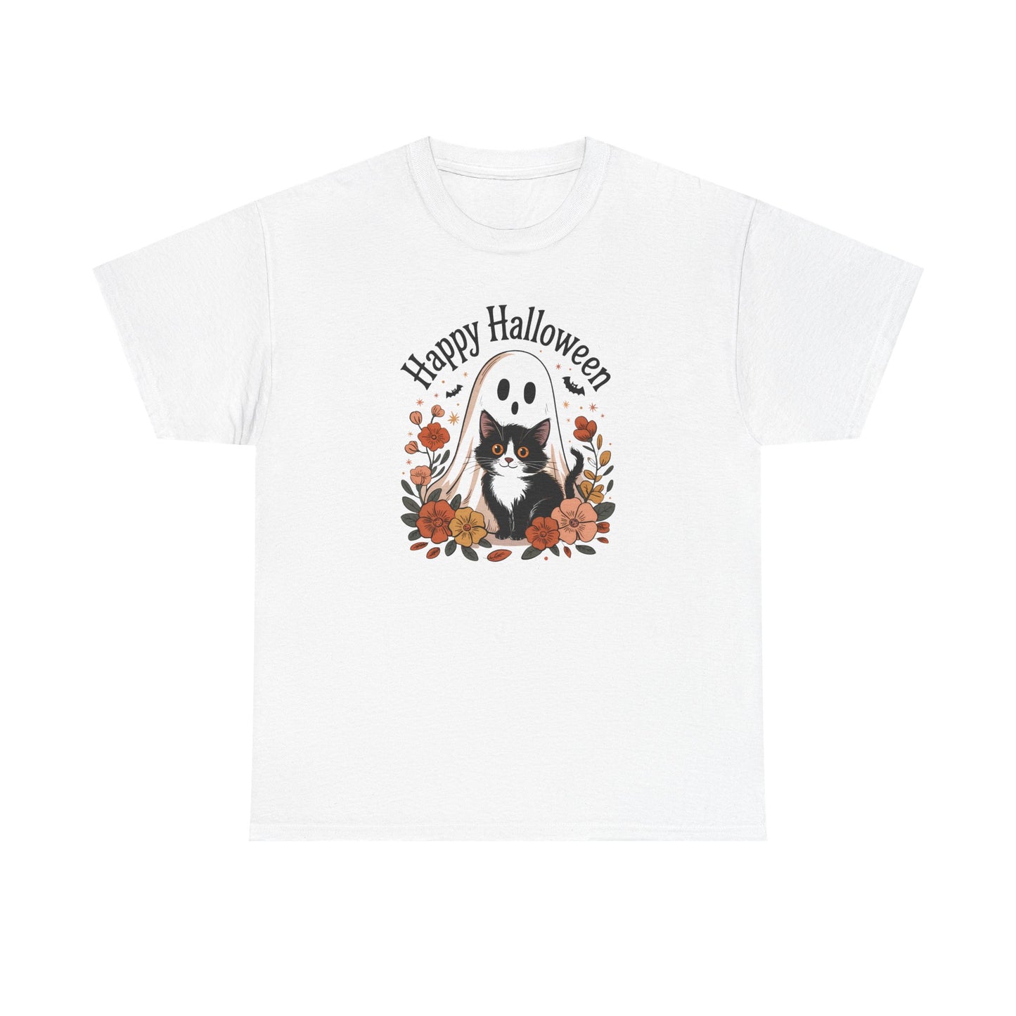 Halloween Cat & Ghost Tee, Heavy Cotton Shirt, Spooky Season Apparel, Autumn Gift, Fall Festival Outfit, Haunted House Wear