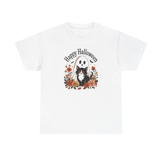 Halloween Cat & Ghost Tee, Heavy Cotton Shirt, Spooky Season Apparel, Autumn Gift, Fall Festival Outfit, Haunted House Wear