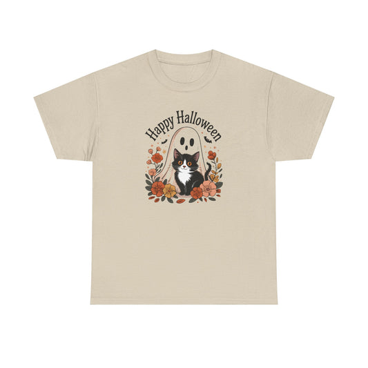 Halloween Cat & Ghost Tee, Heavy Cotton Shirt, Spooky Season Apparel, Autumn Gift, Fall Festival Outfit, Haunted House Wear