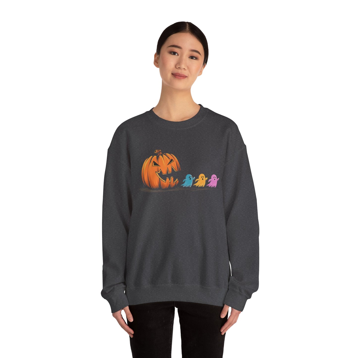 Halloween Ghost & Pumpkin Crewneck Sweatshirt, Unisex Fall Apparel, Cozy Sweatshirt, Halloween Gift, Seasonal Fashion