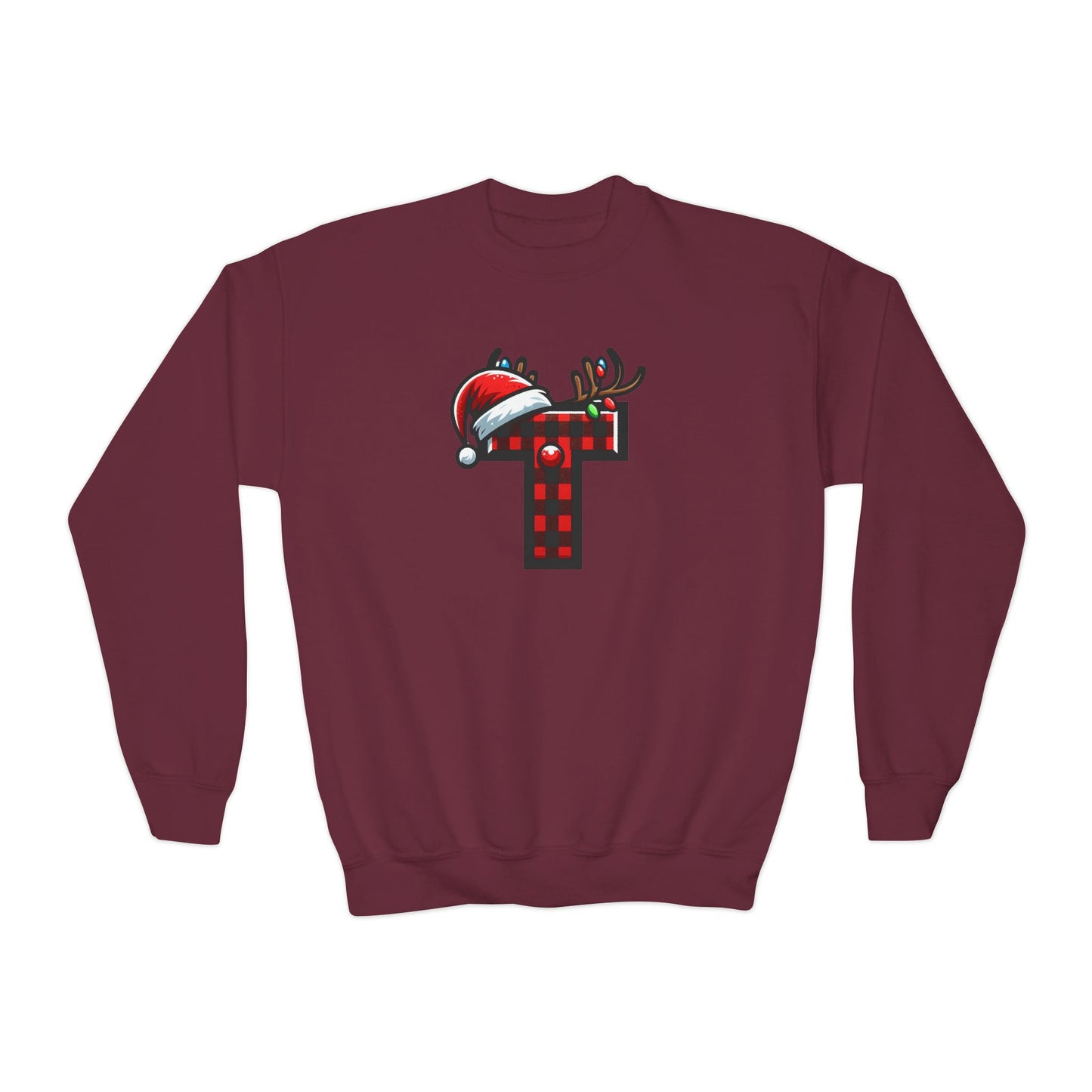 Festive Youth Crewneck Sweatshirt with Christmas Reindeer and Santa Hat, Holiday Gift for Kids, Winter Wear, Cozy Sweater, Christmas Apparel
