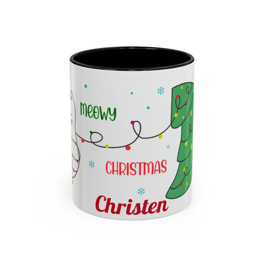 Personalized Meowy Christmas Accent Mug, Funny Holiday Coffee Cup, Cat Lover Gift, Festive Drinkware, Christmas Decor, Personalized Mug