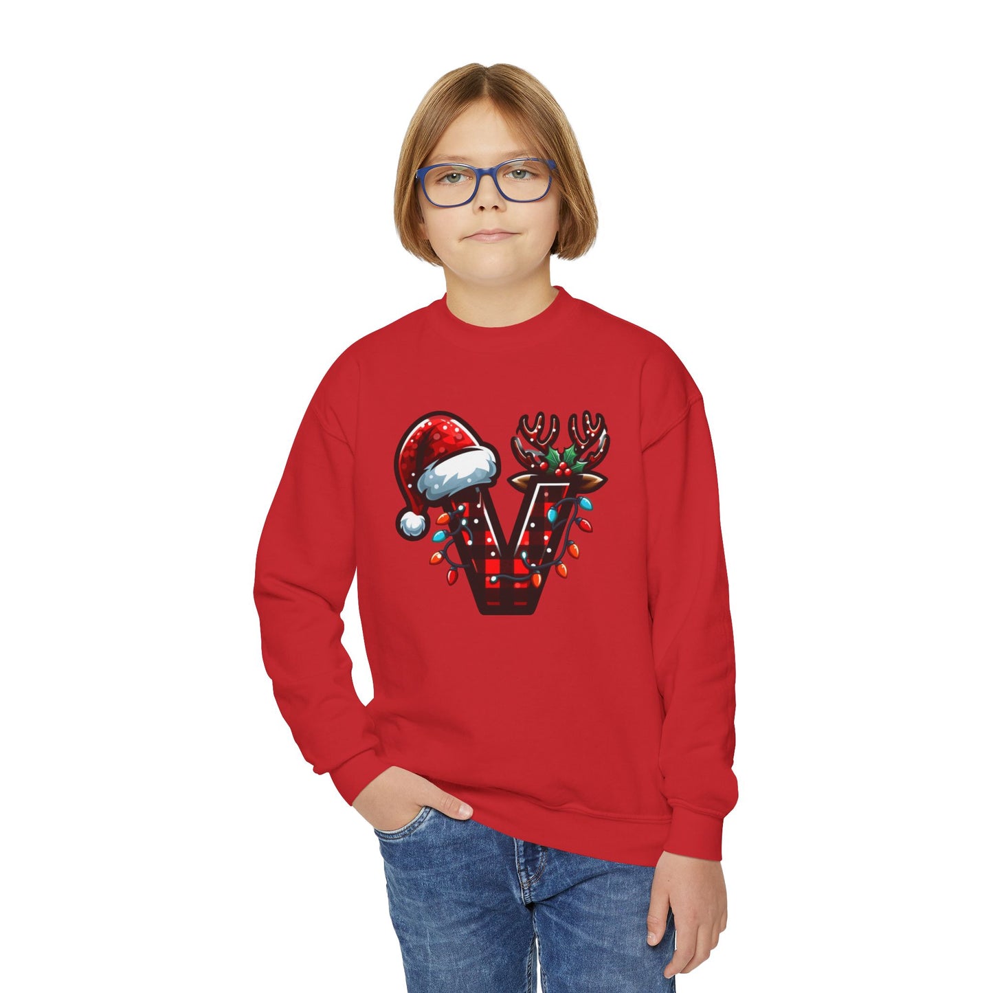 Festive Youth Crewneck Sweatshirt with Christmas Reindeer and Santa Hat, Holiday Gift for Kids, Winter Wear, Cozy Sweater, Christmas Apparel