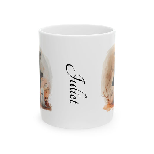 Personalized Halloween-themed Ceramic Mug, Countless Treats and Spooky Charm, Perfect for Fall, Gift for Cat Lovers, Cozy Beverage Holder