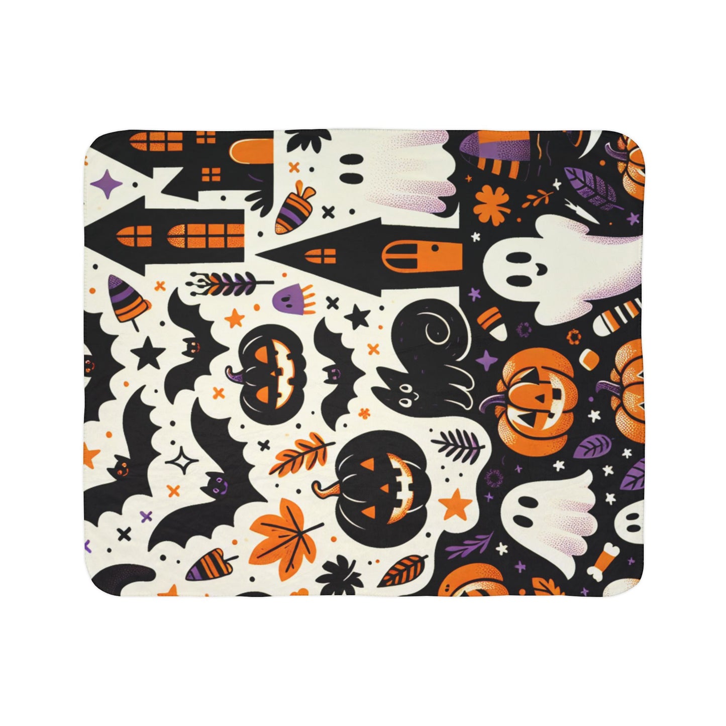 Spooky Season Fleece Sherpa Blanket, Cozy Halloween Decor, Ghosts & Pumpkins Throw Blanket, Autumn Gift, Trick or Treat Sherpa Blanket
