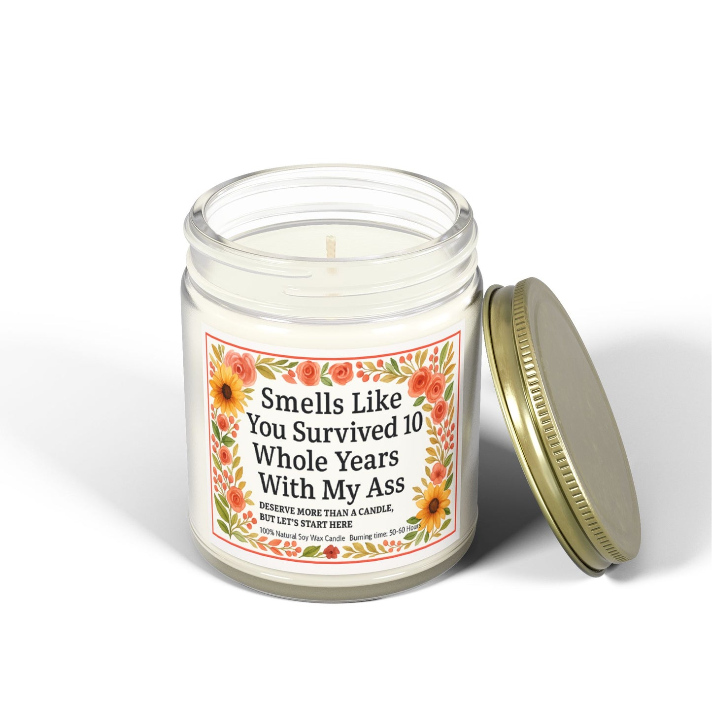 Scented Candles, Funny Gift For Partner, Smells Like You Survived 10 Whole Years, Coconut Apricot Wax Candle, Anniversary Gift, Birthday