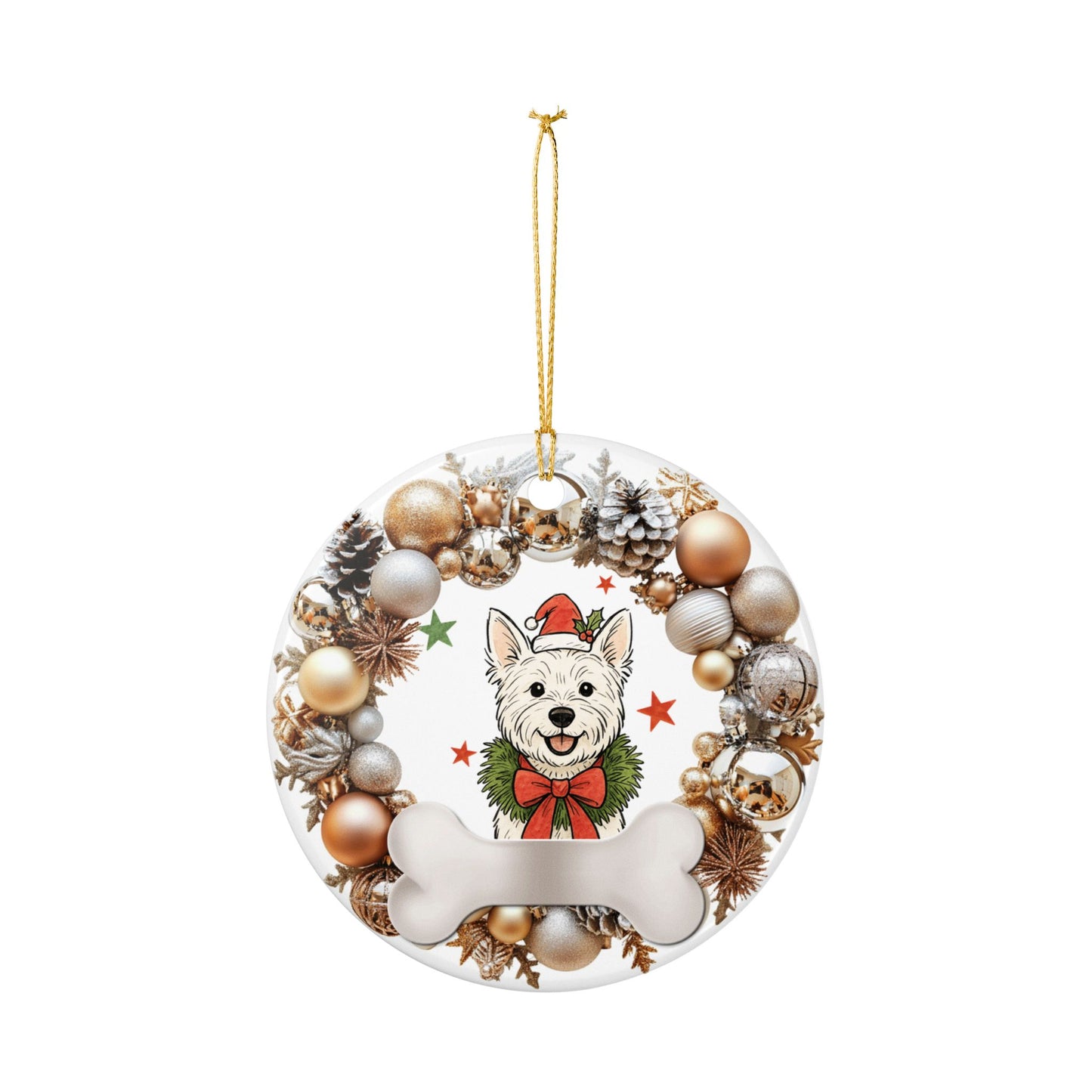 Westie Santa Hat Ornament, Christmas Dog Bone Ceramic Decor, Cute Westie Christmas Tree Ornament, Pet Lover Holiday Gift