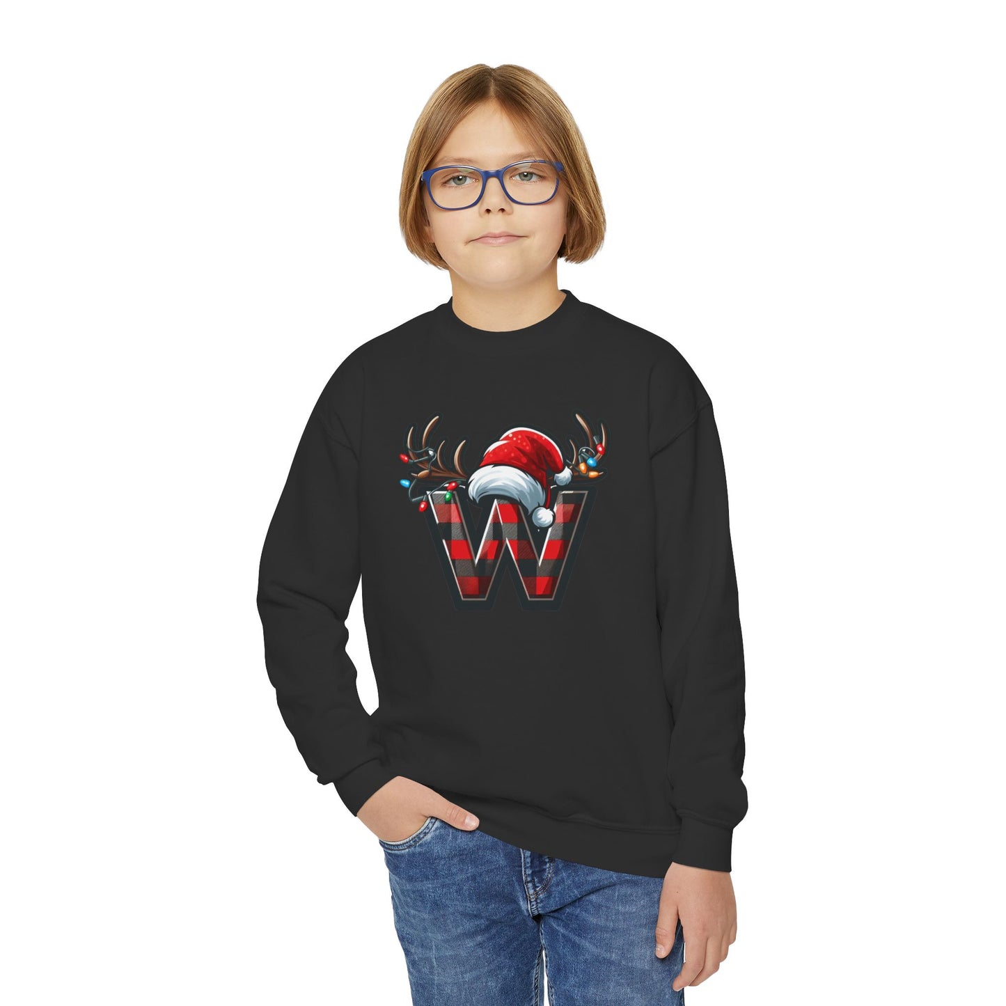 Festive Youth Crewneck Sweatshirt with Christmas Reindeer and Santa Hat, Holiday Gift for Kids, Winter Wear, Cozy Sweater, Christmas Apparel