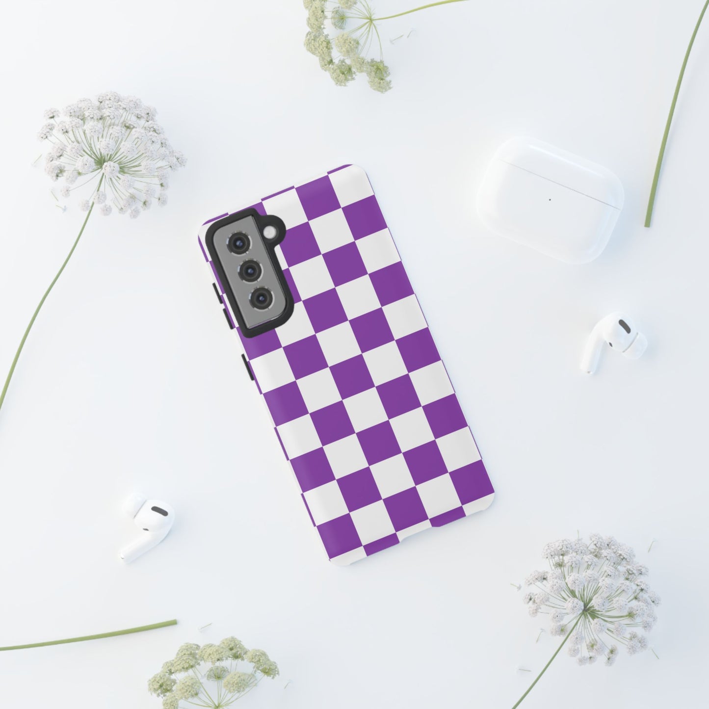 Purple Checkered Phone Case, Samsung Galaxy S25, S25 Plus, S24, S24 Plus, S24 Ultra, S23, S22, S22 Plus, S21 Ultra, S21 FE, S20+