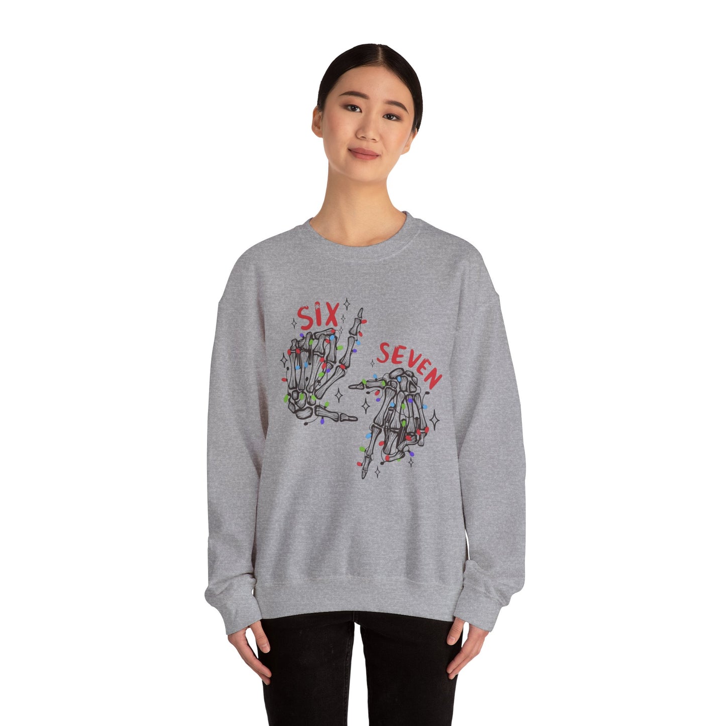 Six Seven Skeleton Hands Sweatshirt Funny Halloween Christmas Crewneck for Men & Women  Cozy Skeleton Hand Lights Pullover, Gift for Friends