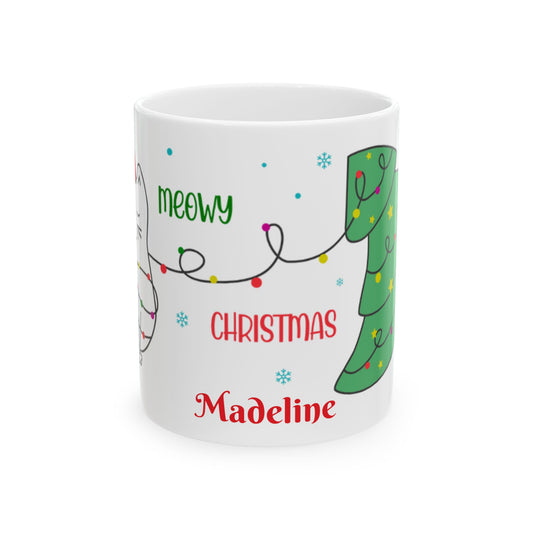 Personalized Meowy Christmas Ceramic Mug, Holiday Coffee Cup, Cute Cat Design, Festive Drinkware, Christmas Day Gift, Gift for Her