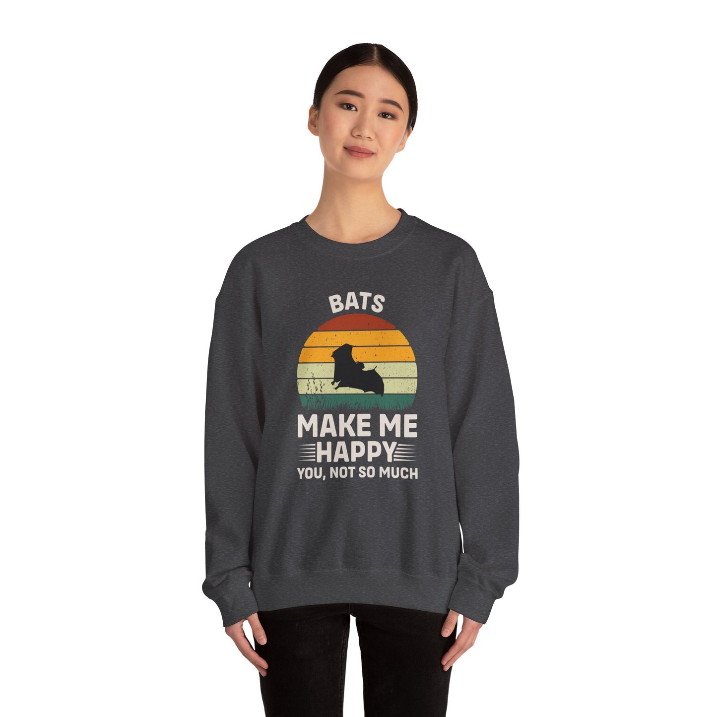 Bats Make Me Happy Sweatshirt, Cozy Graphic Pullover, Gift for Bat Lovers, Unisex Crewneck, Fun Animal Apparel, Halloween Sweatshirt
