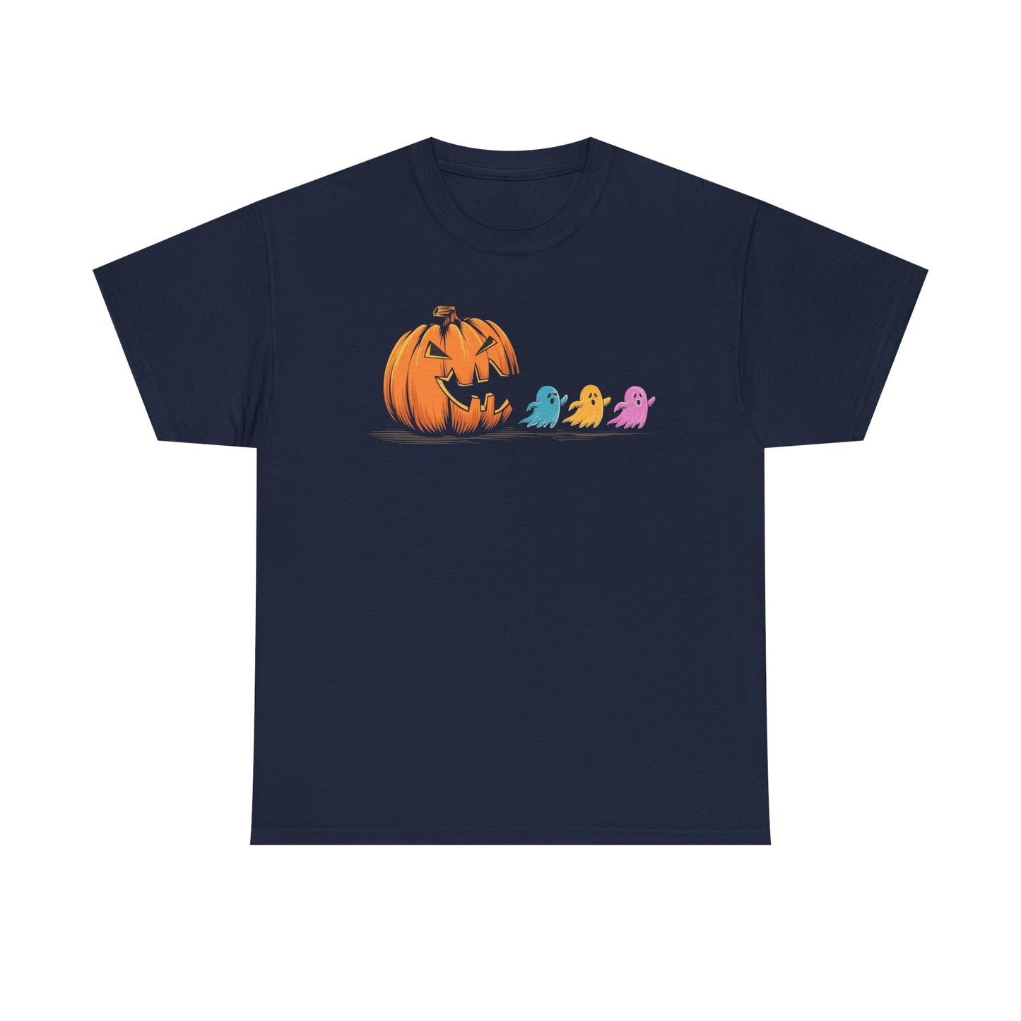 Halloween Pumpkin & Ghosts Unisex Heavy Cotton Tee, Cute Fall Shirt, Spooky Spirit Wear, Halloween Costume Top, Autumn Vibes Tee
