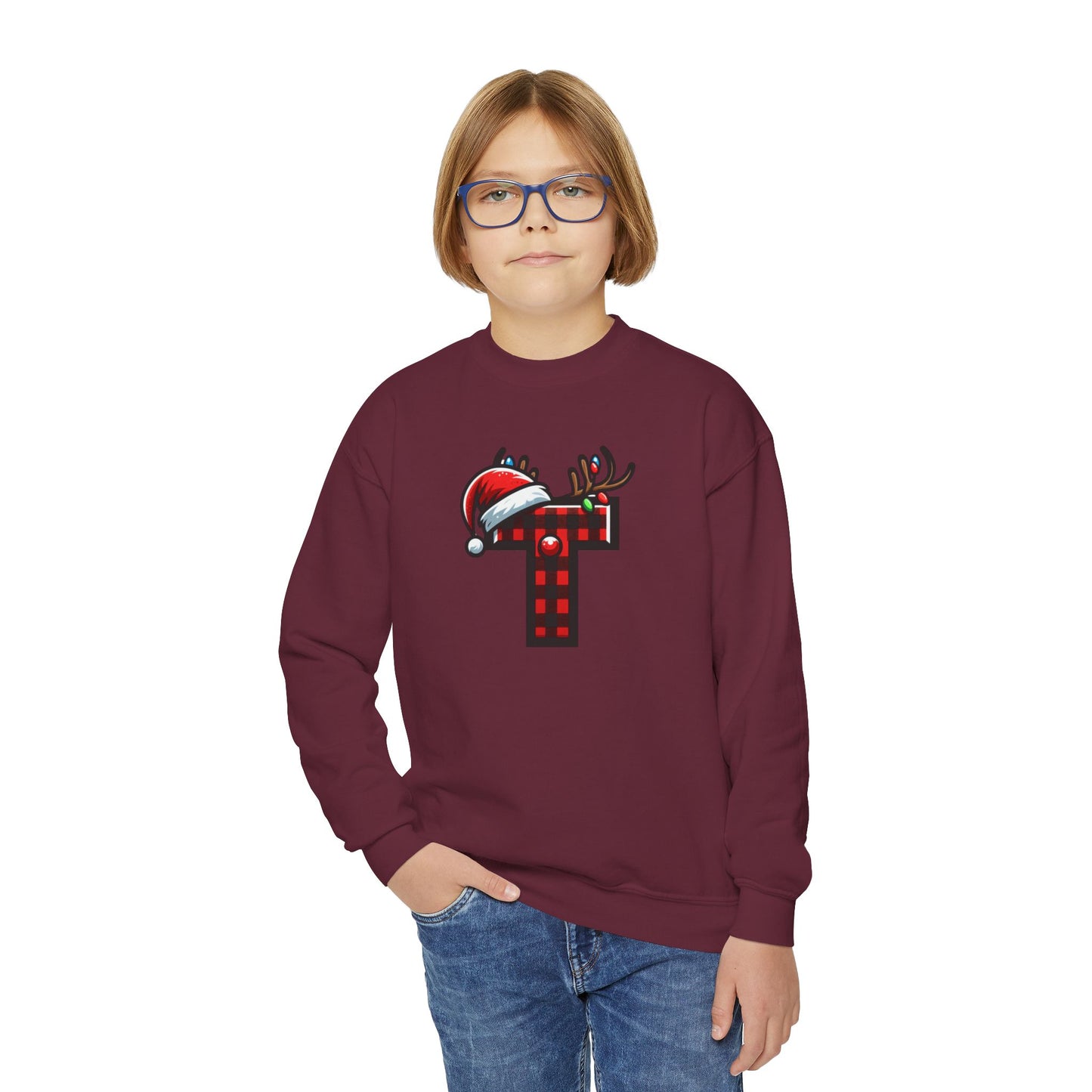Festive Youth Crewneck Sweatshirt with Christmas Reindeer and Santa Hat, Holiday Gift for Kids, Winter Wear, Cozy Sweater, Christmas Apparel