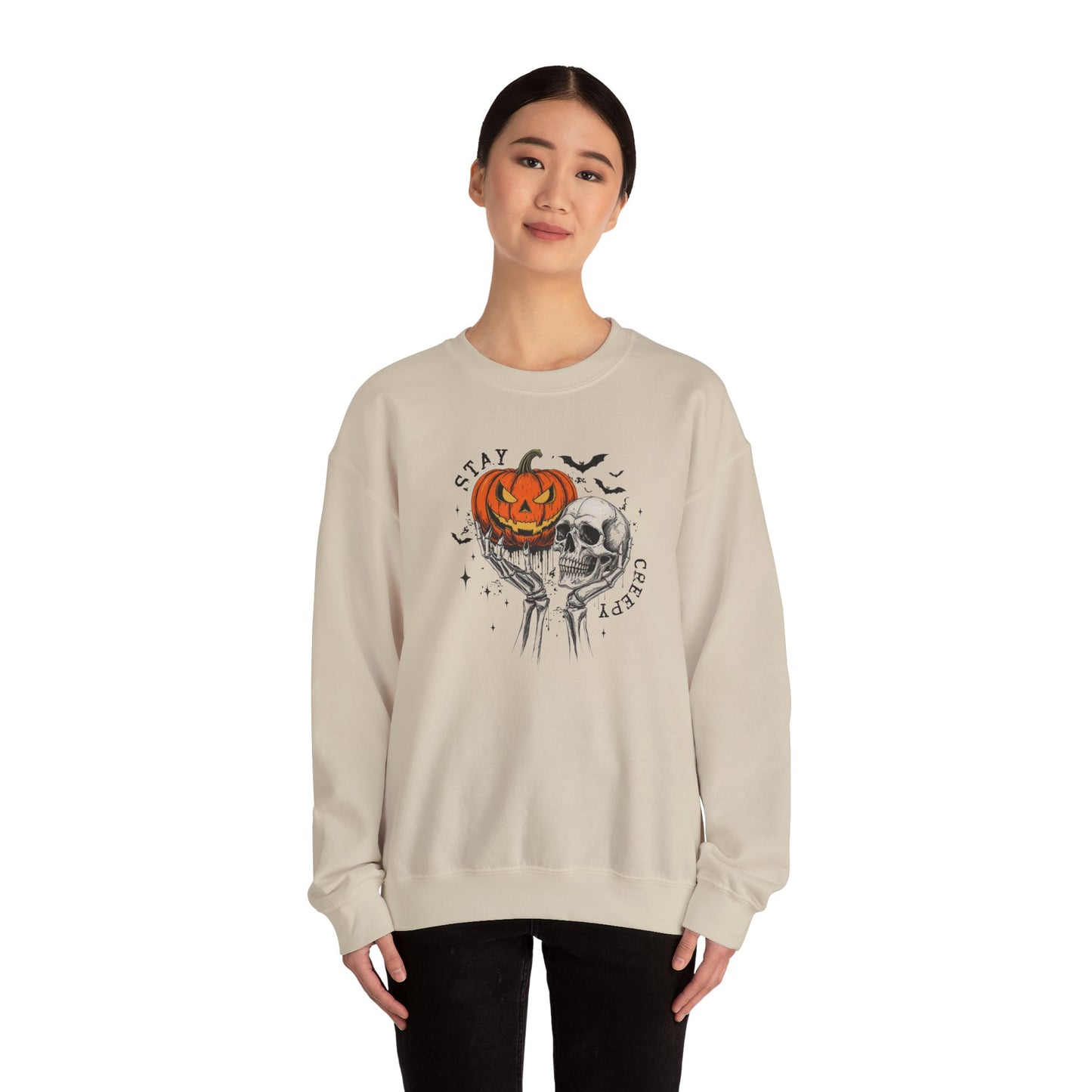 Stay Creepy Crewneck Sweatshirt, Halloween Sweater, Cozy Fall Apparel, Spooky Gift, Pumpkin Skull Design, Halloween Celebration