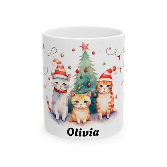 Personalized Christmas Cat Ceramic Mug, Custom Pet Lover Gift, Holiday Coffee Cup, Cute Feline Decor, Family Gift, Winter Celebration