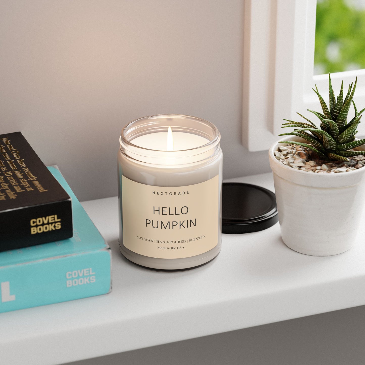Hello Pumpkin Candle - Fall Soy Candles - Pumpkin Candles for Home with 50-60 Hours Burn Time - 9Oz Black Lid Amber Jar Candle