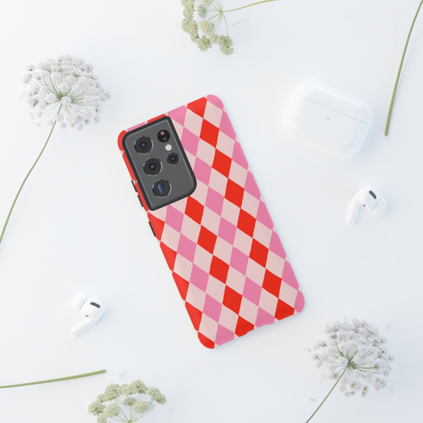 Tough Cases with Red Pink Diamonds, Retro Checkerboard iPhone Case And Samsung Case, Slim Fit Phone Case, Stylish Gift
