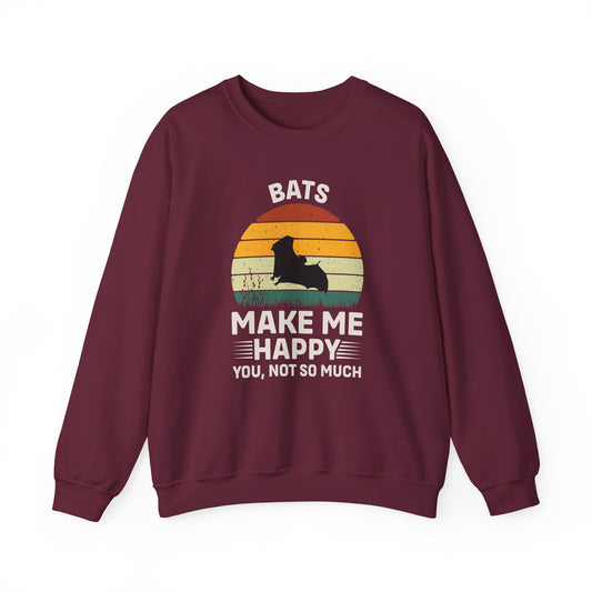 Bats Make Me Happy Sweatshirt, Cozy Graphic Pullover, Gift for Bat Lovers, Unisex Crewneck, Fun Animal Apparel, Halloween Sweatshirt