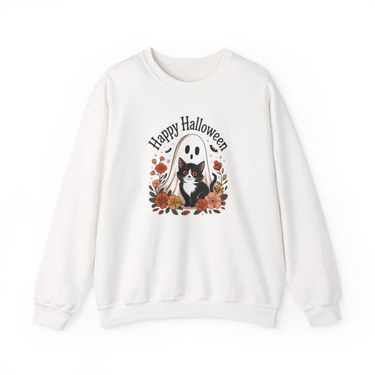 Happy Halloween Cat Crewneck Sweatshirt, Cozy Fall Sweatshirt, Halloween Gift, Fall Fashion, Gift for Her, Spooky Season Apparel