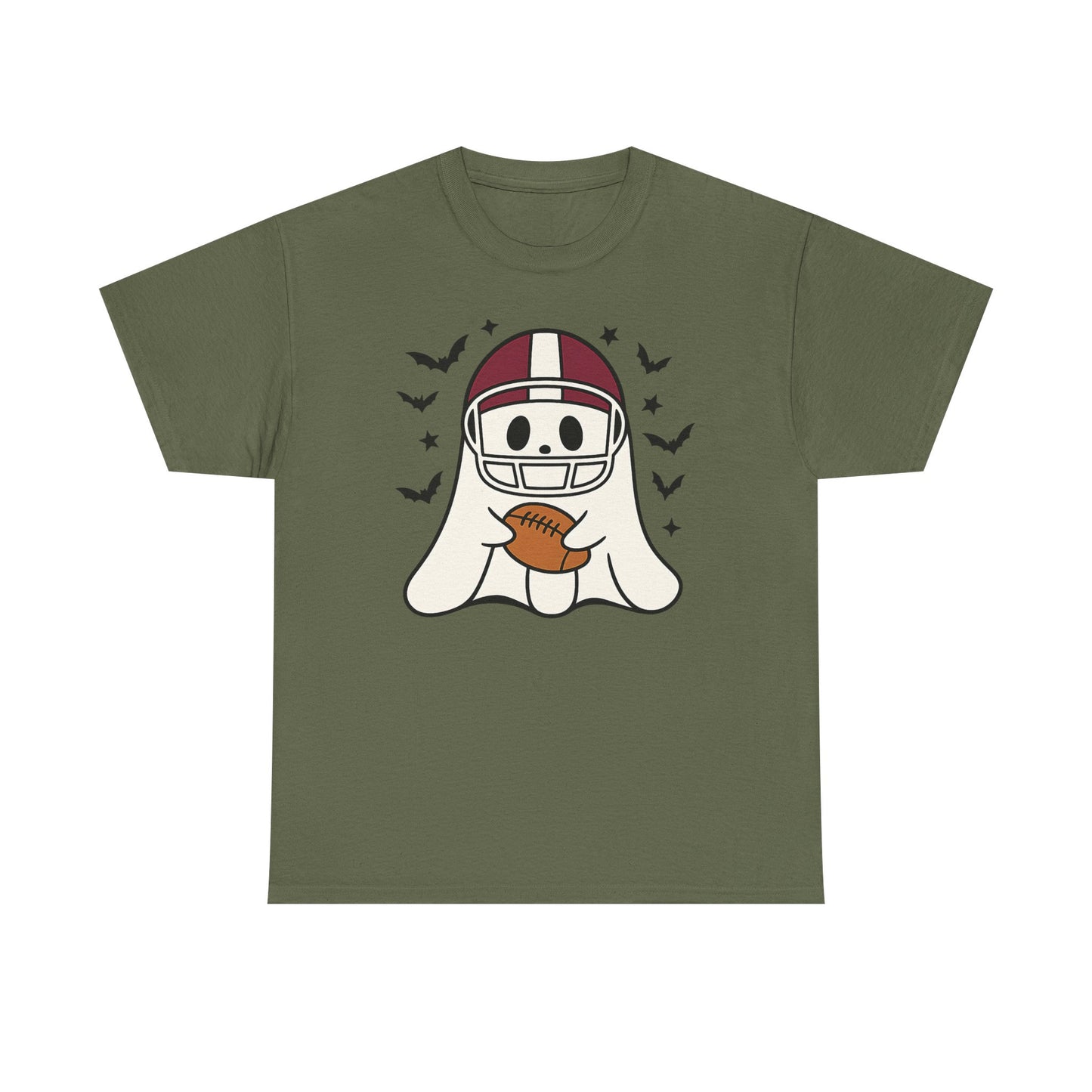 Halloween Ghost Football Tee, Unisex Heavy Cotton T-Shirt, Fun Halloween Apparel, Spooky Game Day Shirt, October Celebration Wear
