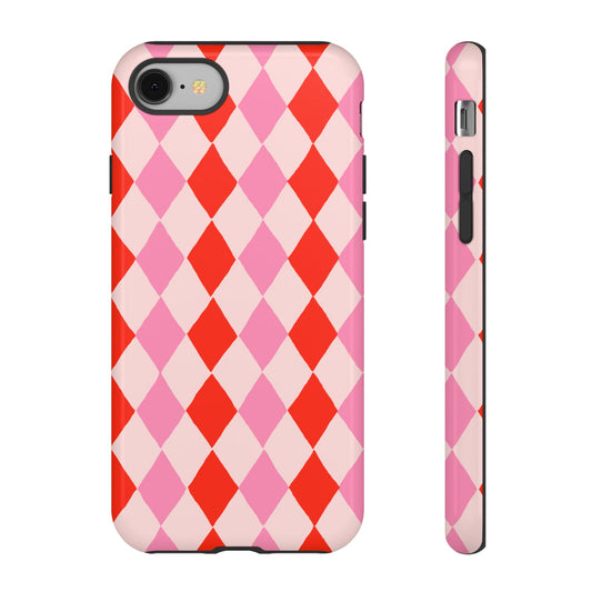 Tough Cases with Red Pink Diamonds, Retro Checkerboard iPhone Case And Samsung Case, Slim Fit Phone Case, Stylish Gift