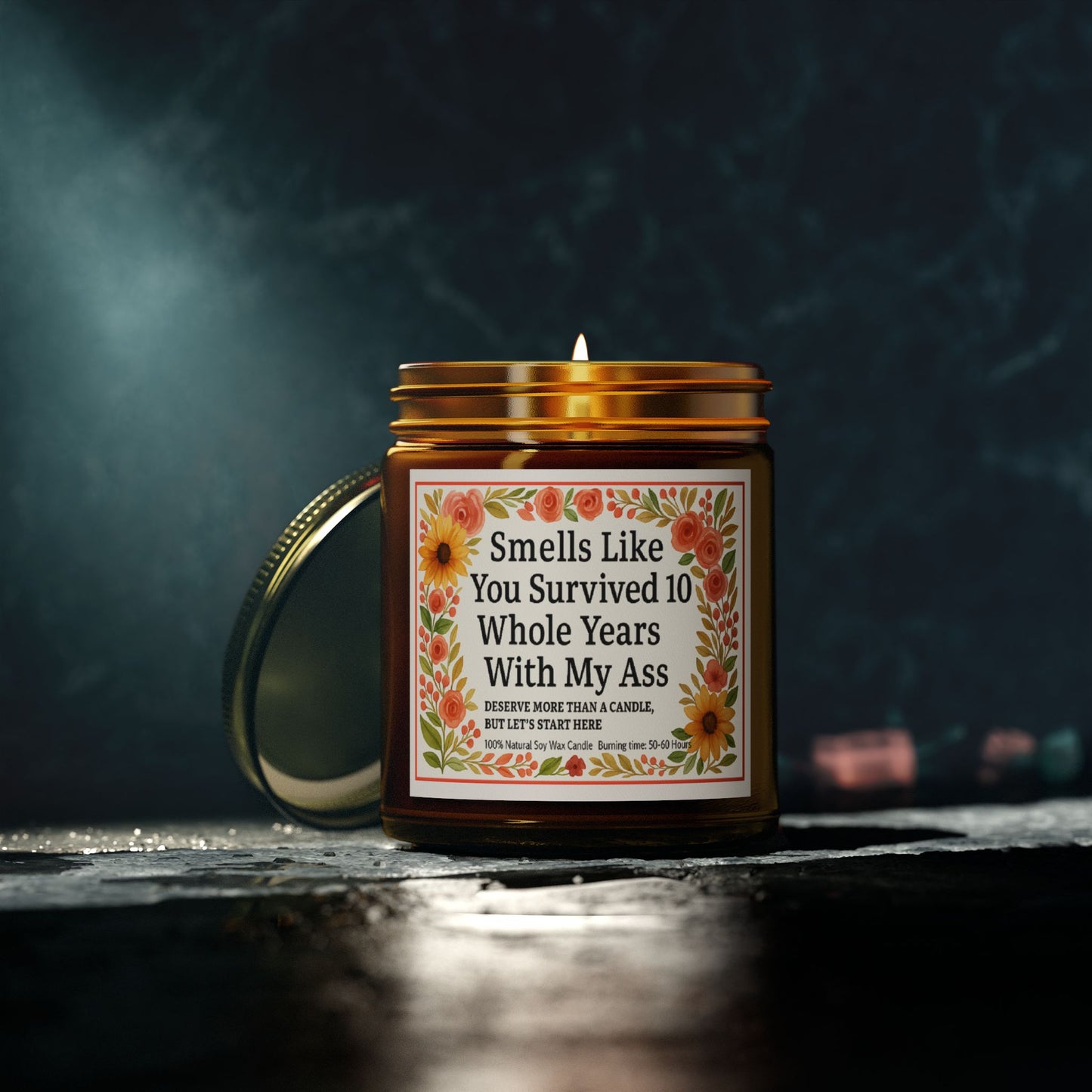Scented Candles, Funny Gift For Partner, Smells Like You Survived 10 Whole Years, Coconut Apricot Wax Candle, Anniversary Gift, Birthday
