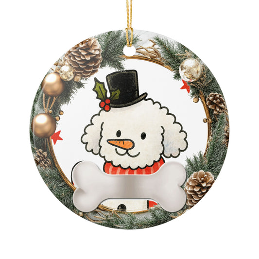 Poodle Snowman Christmas Ornament, Dog Bone Name Tag Ornament, Cute Poodle Holiday Ceramic Decor, Pet Lover Christmas Gift