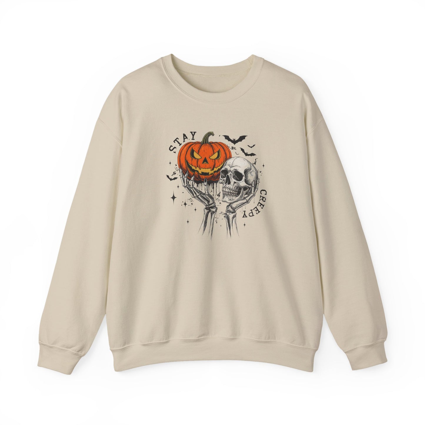 Stay Creepy Crewneck Sweatshirt, Halloween Sweater, Cozy Fall Apparel, Spooky Gift, Pumpkin Skull Design, Halloween Celebration