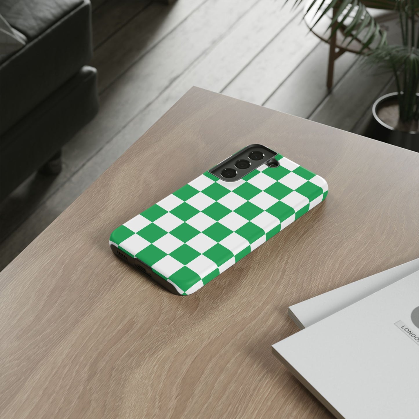 Green Checkered Phone Case, Phone Cases Samsung Galaxy S25, S25 Plus, S24, S24 Plus, S24 Ultra, S23, S22, S22 Plus, S21 Ultra, S21 FE, S20+