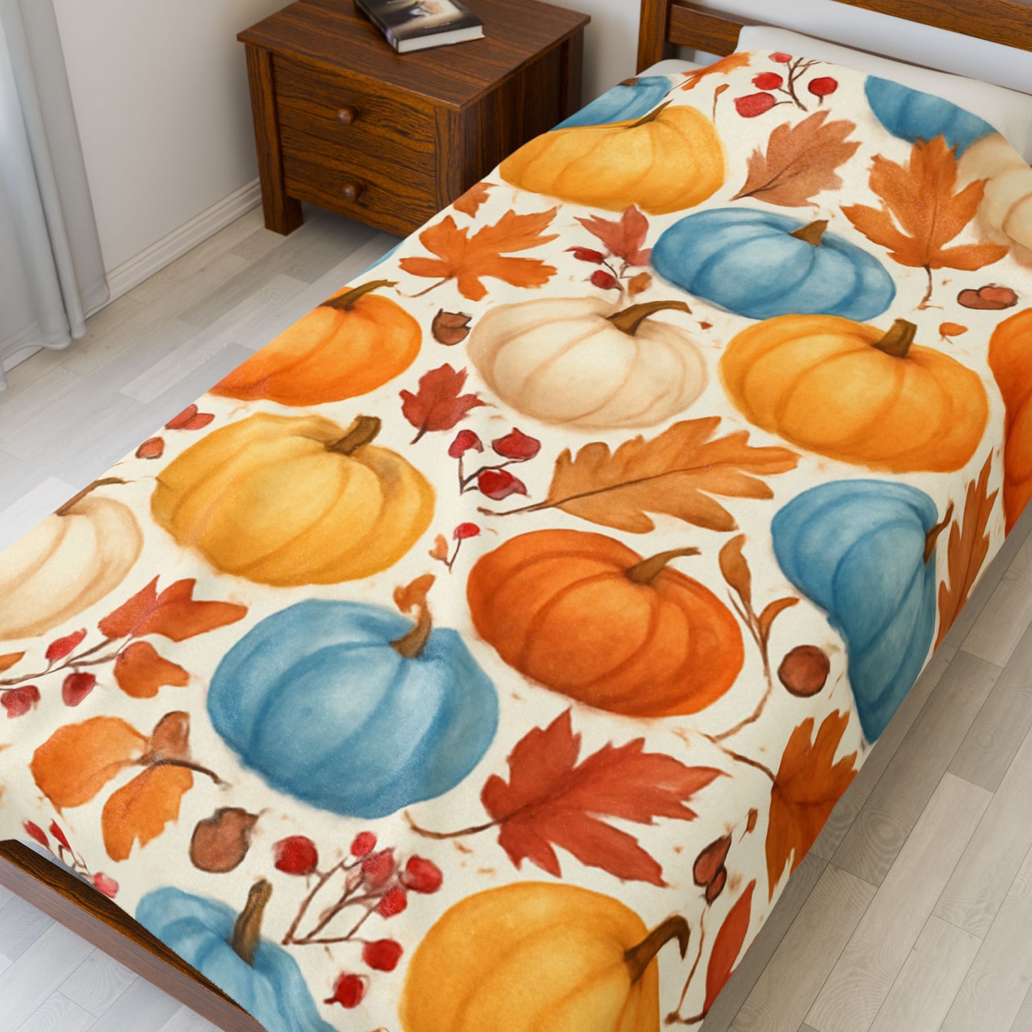 Fall Pumpkins Blanket, Autumn Orange White Blue Pumpkins Leaves and Berries Fleece Blanket for Living Room Couch Bed Chair