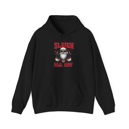 Funny Santa Sleigh All Day Hoodie | Rocker Santa Christmas Hoodie | Cool Holiday Sweatshirt | Funny Christmas Gift