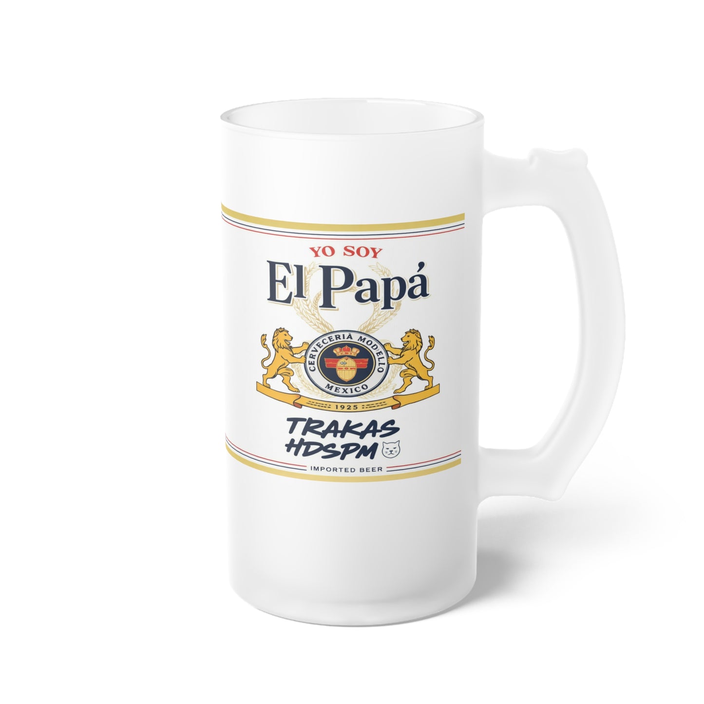 Estrella Style Frosted Glass Beer Mug, Spanish Beer Label Stein, 16oz Barware Gift, Vintage Brewery Logo Mug