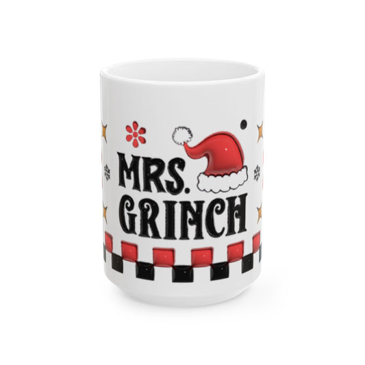 Mrs. Grinch Mug, Funny Christmas Coffee Cup, Santa Hat Grinch Mug for Her, Red Checker Holiday Mug, Christmas Gift for Wife Mom